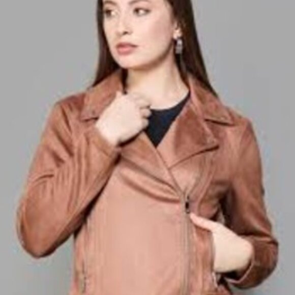 faux suede biker jacket cropped  burgundy brown Vero Moda sz medium - Picture 12 of 16